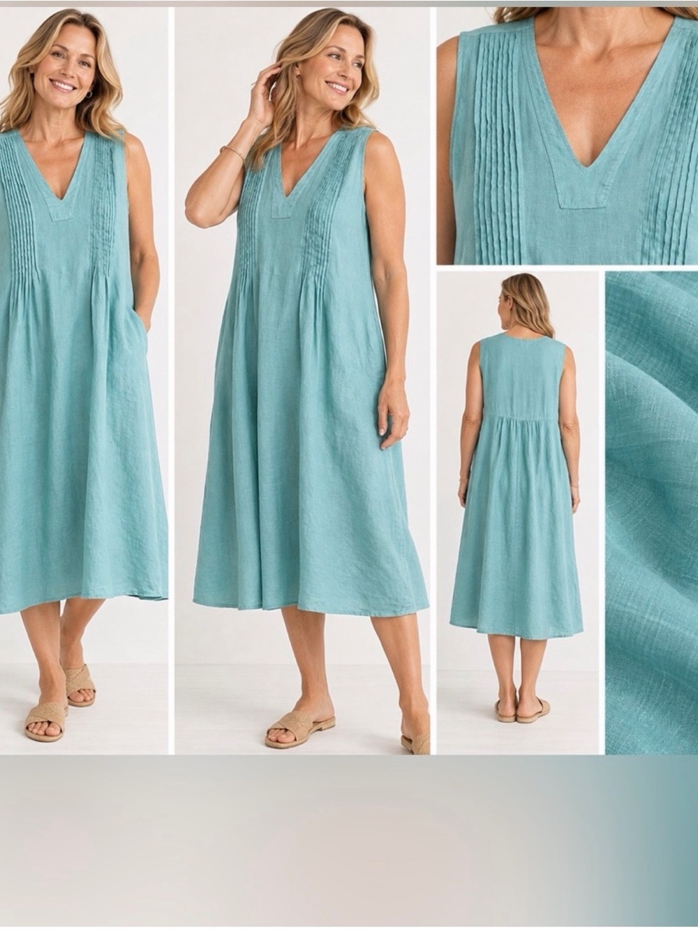 J.Jill Linen Pintucked Teal A Line MIDI Dress